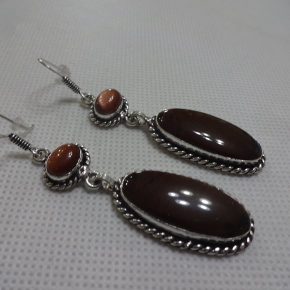 Natural "POPPY JASPER & GOLD SUNSTONE" Handmade Sterling Dangle Earrings #701A - Picture 2 of 3